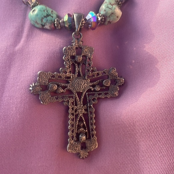 SILVER TONE cross choker necklace shimmering black clear turquoise beads - Picture 7 of 10